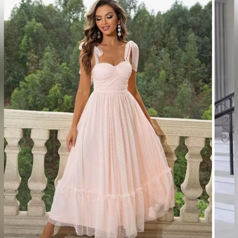 Light Pink Formal Maxi Dress Zip Back Tie Sleeves Built in Bra